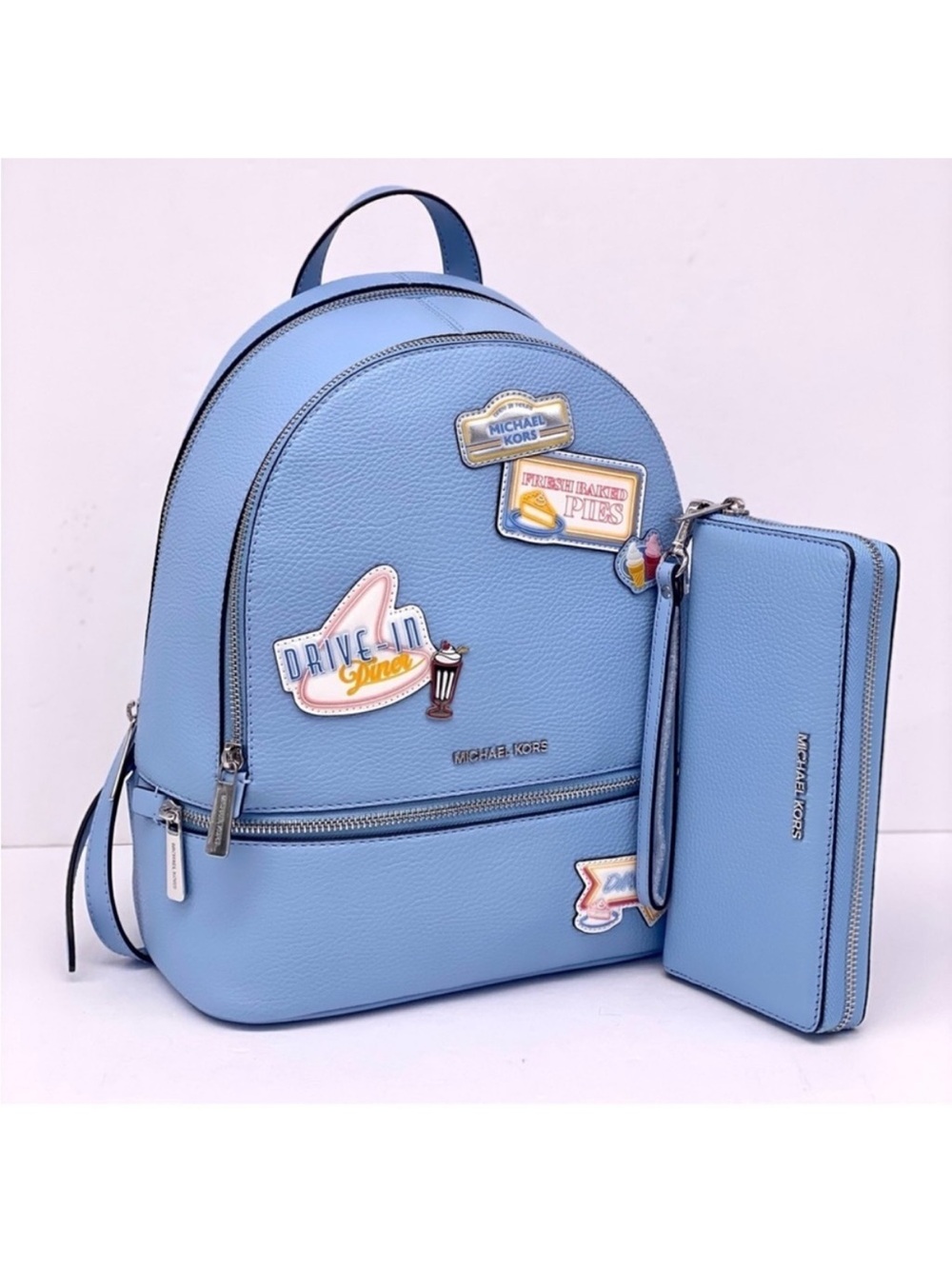 Michael Kors Powder Blue Pebbled Leather Patch Backpack with Matching Wallet